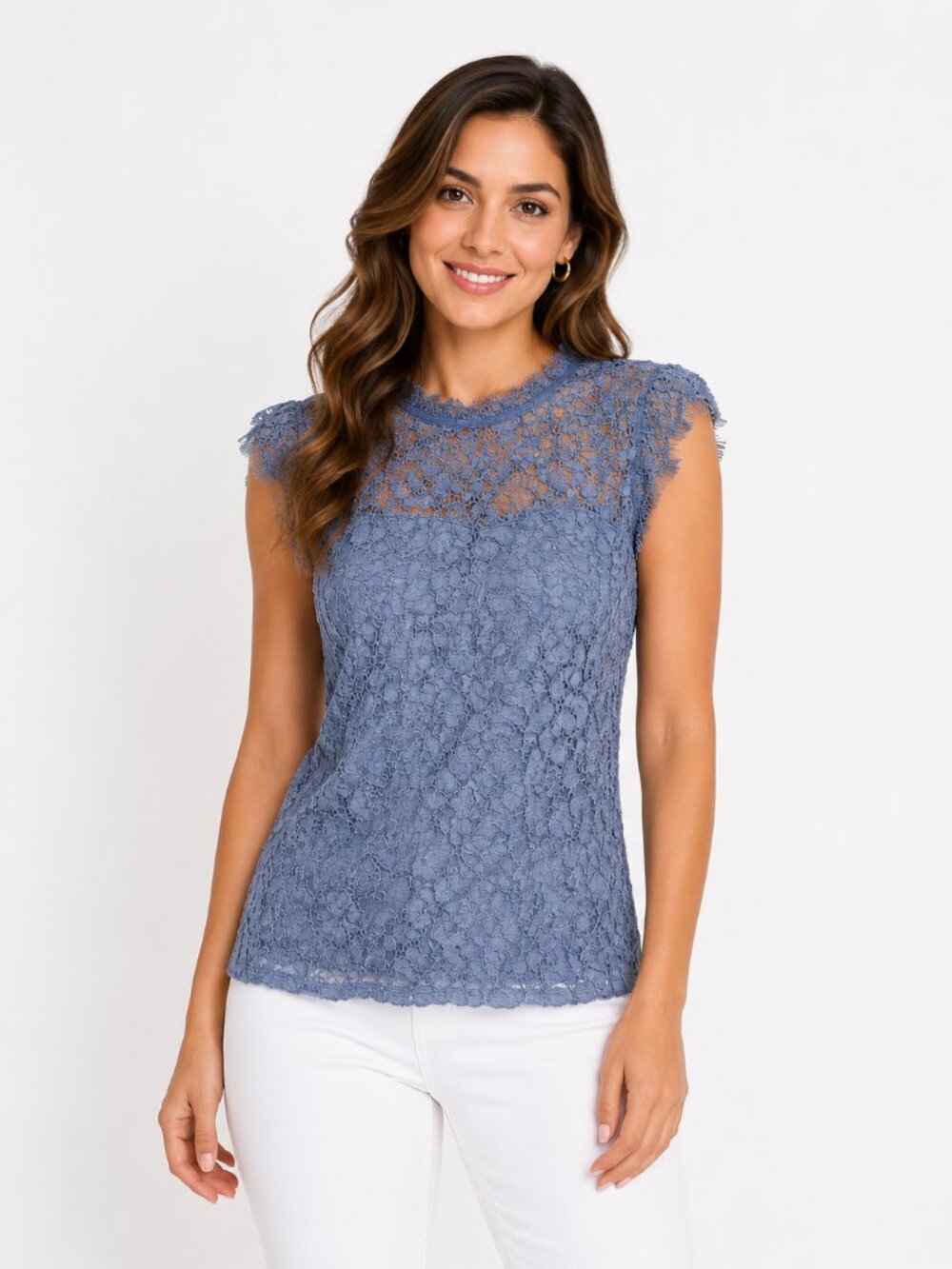 NWT - White House Black Market Dusty Blue Velvet Lace Cap-Sleeve Top - 8